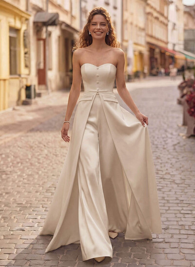 Jumpsuit/Pantsuit Strapless Sleeveless Floor-Length Matte Satin Evening Dresses