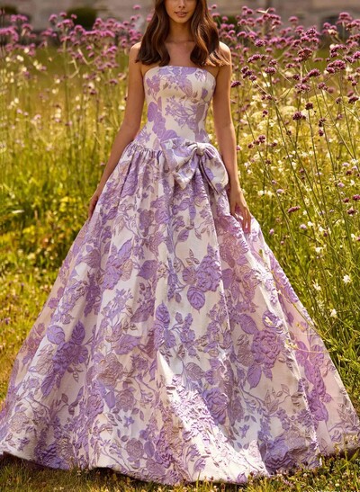 A-Line Strapless Sleeveless Sweep Train Evening Dresses With Bow(s)