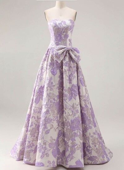 A-Line Strapless Sleeveless Sweep Train Evening Dresses With Bow(s)