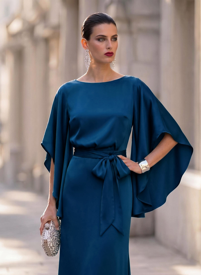 Elegant Sheath/Column 1/2 Sleeves Floor-Length Crepe Satin Evening Dresses