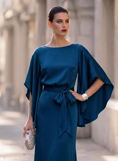 Elegant Sheath/Column 1/2 Sleeves Floor-Length Crepe Satin Evening Dresses