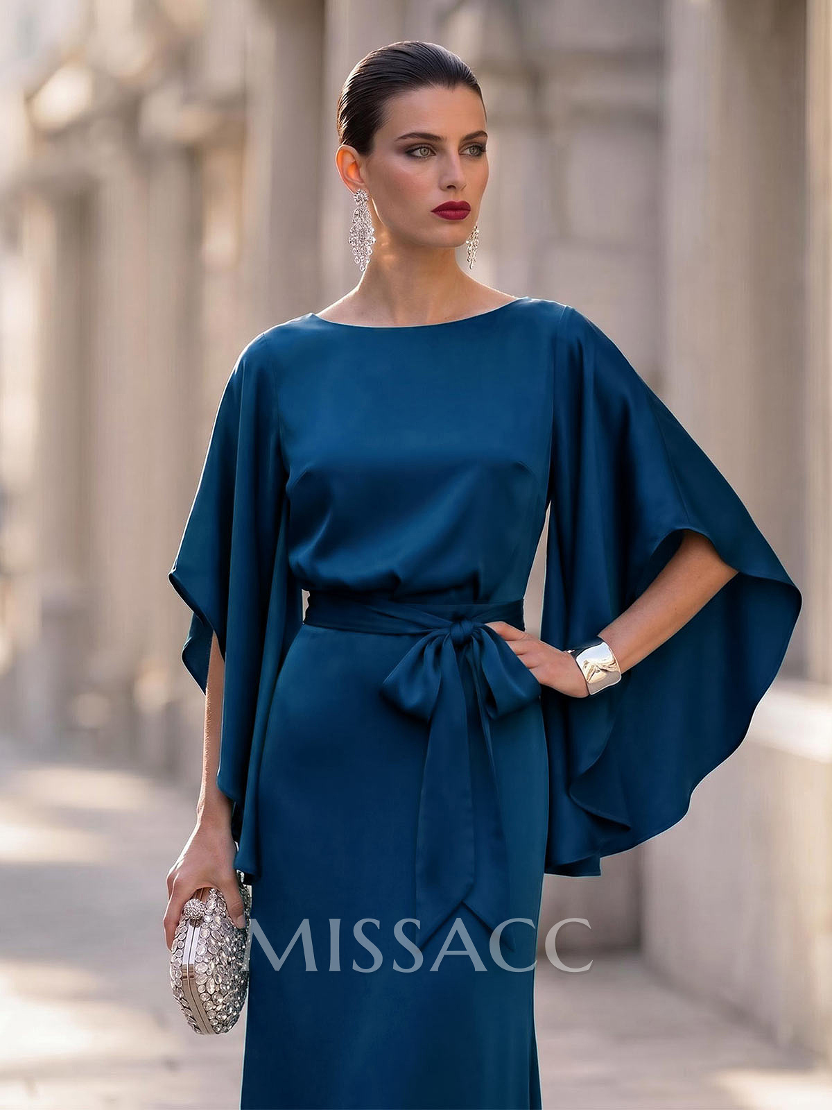 Elegant Sheath/Column 1/2 Sleeves Floor-Length Crepe Satin Evening Dresses