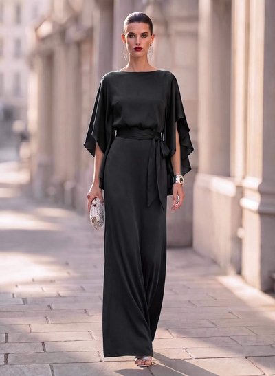 Elegant Sheath/Column 1/2 Sleeves Floor-Length Crepe Satin Evening Dresses