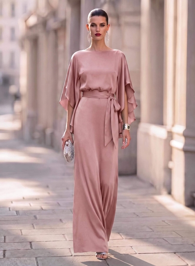 Elegant Sheath/Column 1/2 Sleeves Floor-Length Crepe Satin Evening Dresses