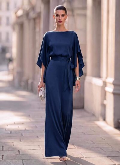 Elegant Sheath/Column 1/2 Sleeves Floor-Length Crepe Satin Evening Dresses