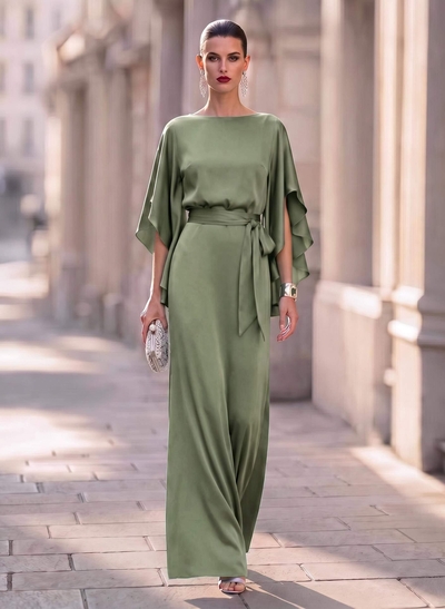 Elegant Sheath/Column 1/2 Sleeves Floor-Length Crepe Satin Evening Dresses