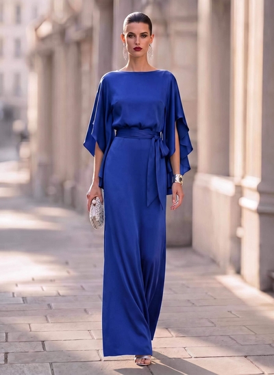 Elegant Sheath/Column 1/2 Sleeves Floor-Length Crepe Satin Evening Dresses