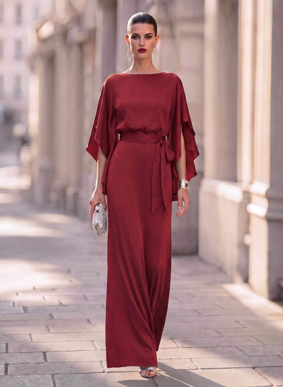 Elegant Sheath/Column 1/2 Sleeves Floor-Length Crepe Satin Evening Dresses