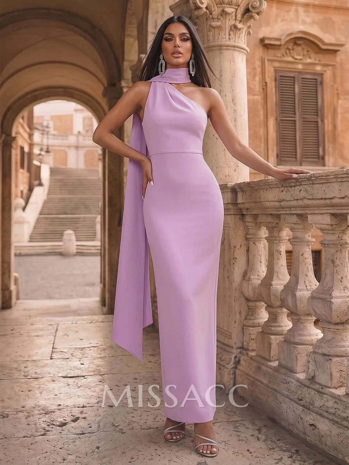 Fitted One-Shoulder Sleeveless Floor-Length Stretch Satin Formal Dress With Back Split