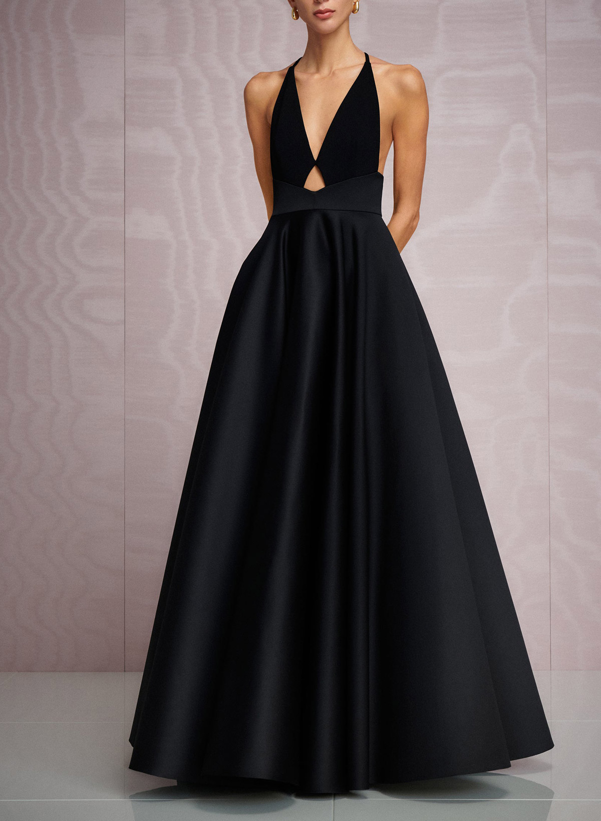 A-Line Plunge Neck Sleeveless Floor-Length Satin Evening Dresses