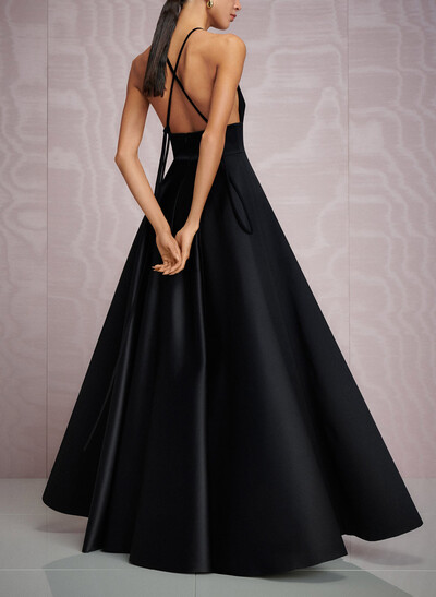 A-Line Plunge Neck Sleeveless Floor-Length Satin Evening Dresses