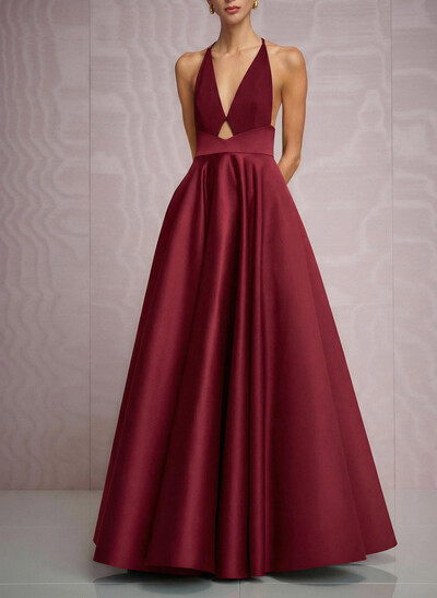 A-Line Plunge Neck Sleeveless Floor-Length Satin Evening Dresses