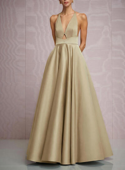 A-Line Plunge Neck Sleeveless Floor-Length Satin Evening Dresses