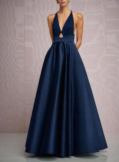 A-Line Plunge Neck Sleeveless Floor-Length Satin Evening Dresses