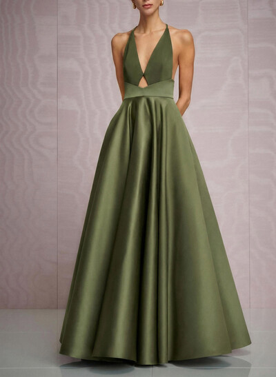 A-Line Plunge Neck Sleeveless Floor-Length Satin Evening Dresses