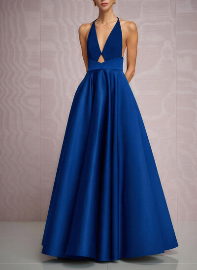 A-Line Plunge Neck Sleeveless Floor-Length Satin Evening Dresses