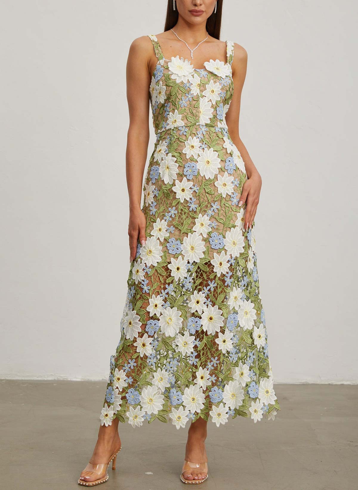 Sheath/Column Scoop Neck Sleeveless Ankle-Length Evening Dresses With Lace/Flower(s)