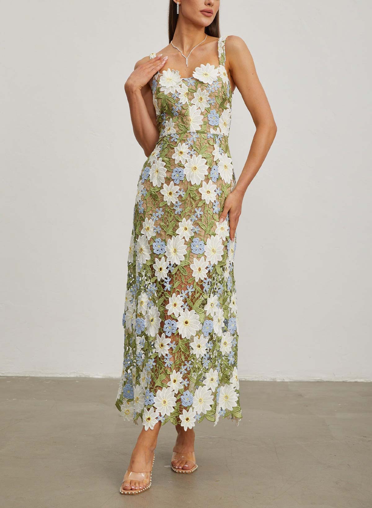 Sheath/Column Scoop Neck Sleeveless Ankle-Length Evening Dresses With Lace/Flower(s)