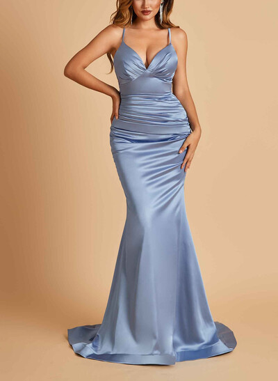 Trumpet/Mermaid Plunge Neck Sleeveless Sweep Train Matte Satin Evening Dresses