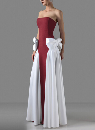 A-Line Strapless Sleeveless Floor-Length Satin Evening Dresses With Detachable Bow(s)