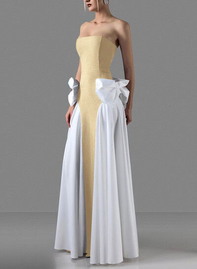 A-Line Strapless Sleeveless Floor-Length Satin Evening Dresses With Detachable Bow(s)