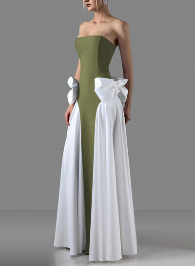 A-Line Strapless Sleeveless Floor-Length Satin Evening Dresses With Detachable Bow(s)