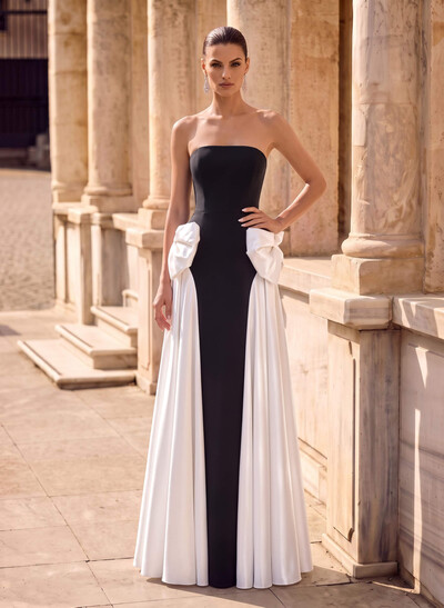 A-Line Strapless Sleeveless Floor-Length Satin Evening Dresses With Detachable Bow(s)