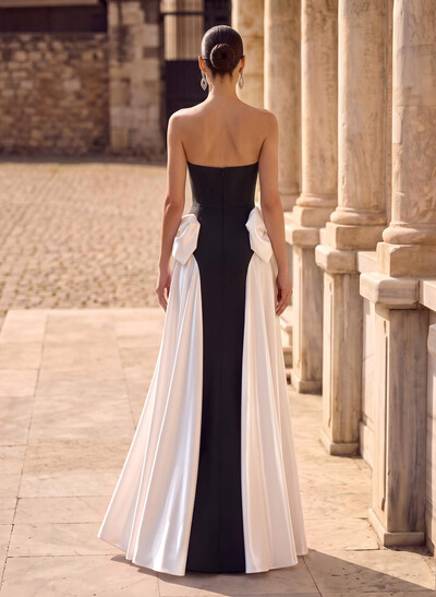 A-Line Strapless Sleeveless Floor-Length Satin Evening Dresses With Detachable Bow(s)