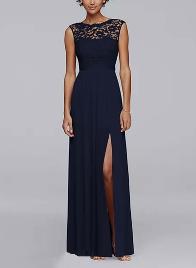 A-Line Cape Sleeves Floor-Length Chiffon/Lace Evening Dresses With High Split