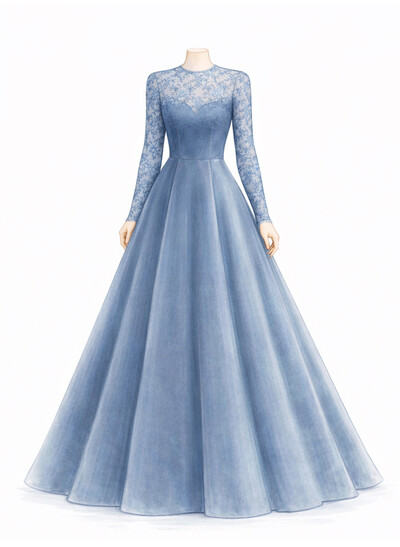 A-Line Scoop Neck Long Sleeves Floor-Length Matte Satin Evening Dresses With Appliques Lace