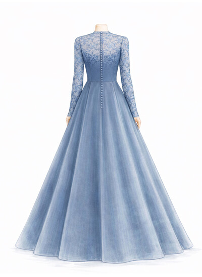 A-Line Scoop Neck Long Sleeves Floor-Length Matte Satin Evening Dresses With Appliques Lace