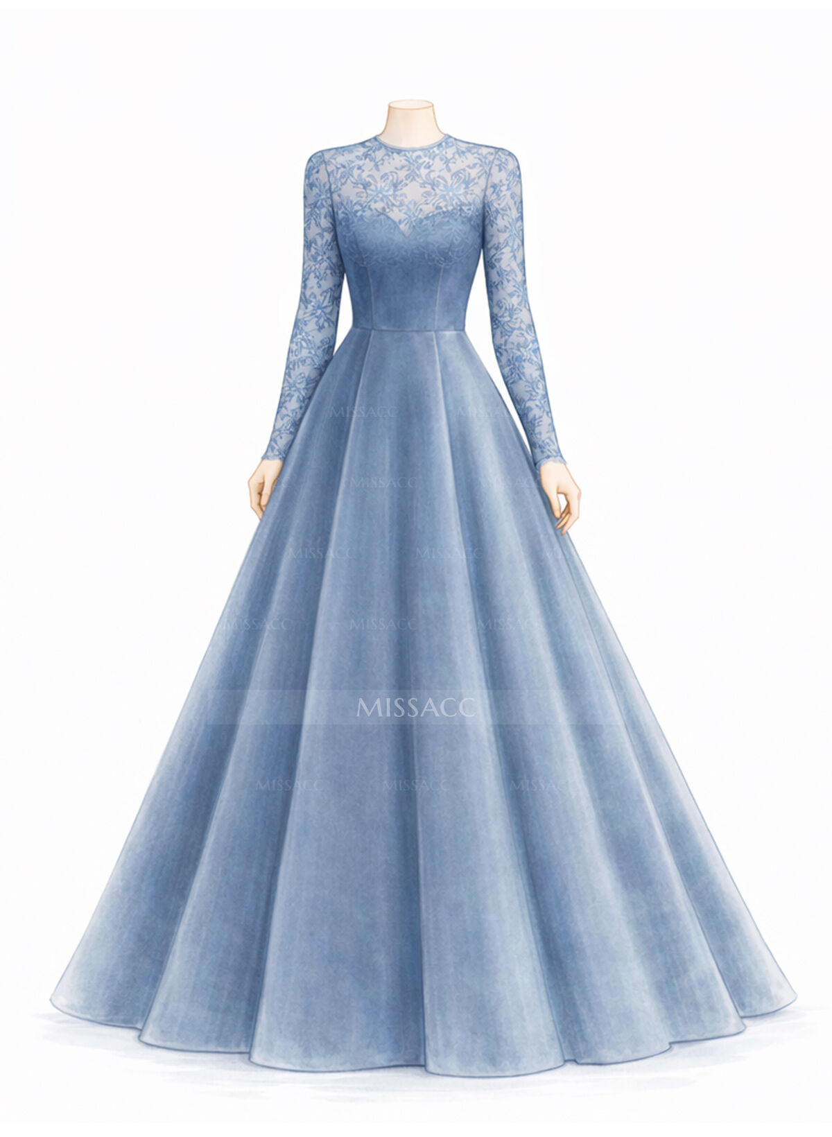 A-Line Scoop Neck Long Sleeves Floor-Length Matte Satin Evening Dresses With Appliques Lace