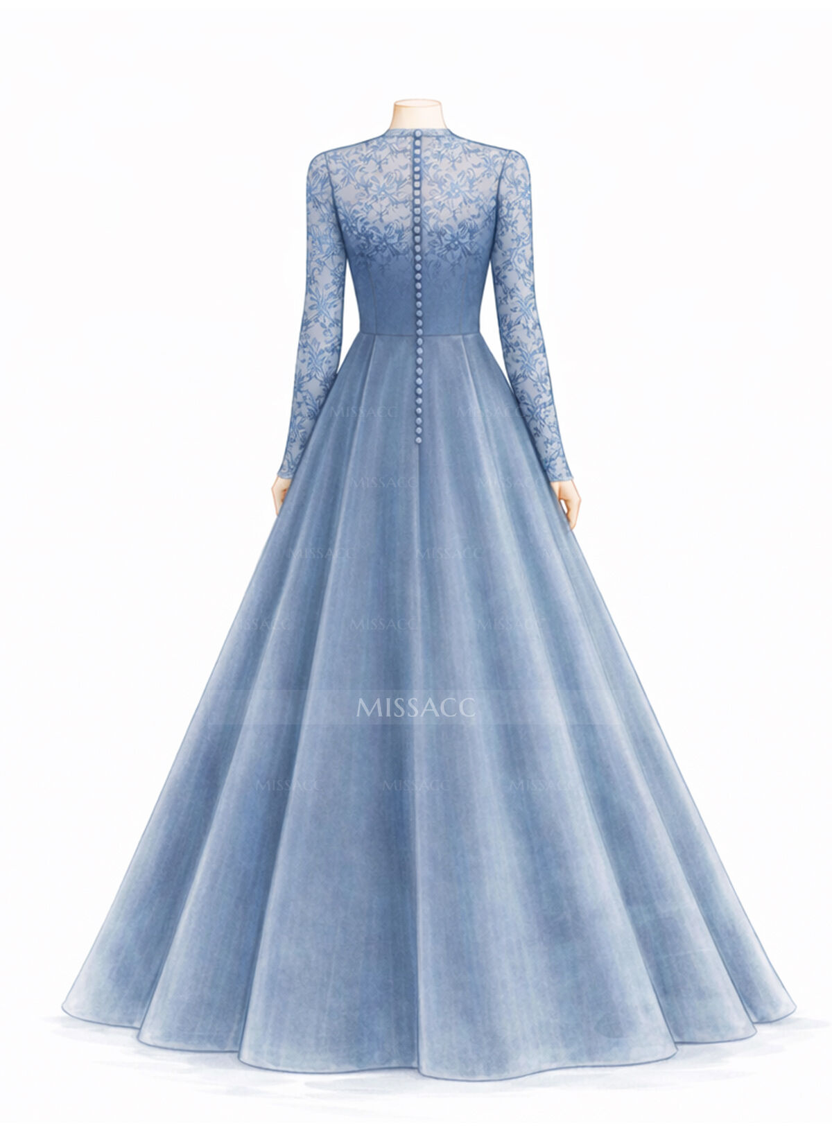 A-Line Scoop Neck Long Sleeves Floor-Length Matte Satin Evening Dresses With Appliques Lace