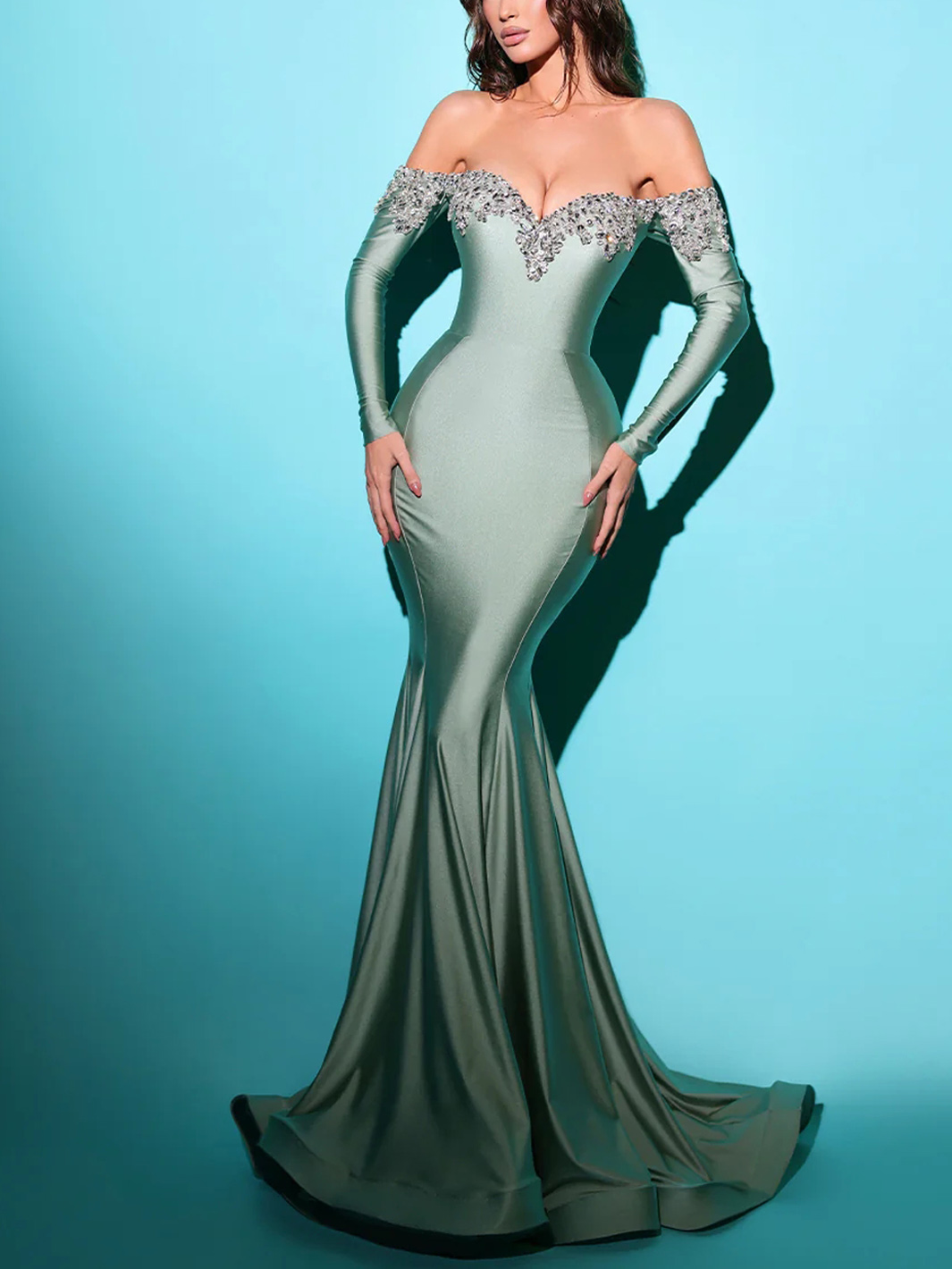 Trumpet/Mermaid Off-The-Shoulder Long Sleeves Court Train Jersey Evening Dresses With Rhinestone