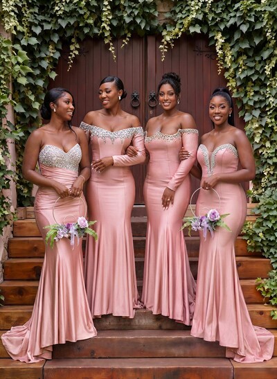 Trumpet/Mermaid Off-The-Shoulder Long Sleeves Court Train Jersey Evening Dresses With Rhinestone
