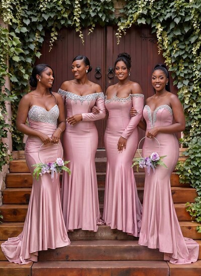 Trumpet/Mermaid Off-The-Shoulder Long Sleeves Court Train Jersey Evening Dresses With Rhinestone