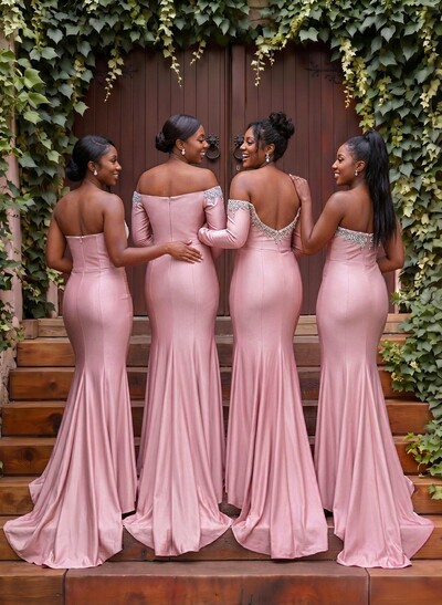 Trumpet/Mermaid Off-The-Shoulder Long Sleeves Court Train Jersey Evening Dresses With Rhinestone
