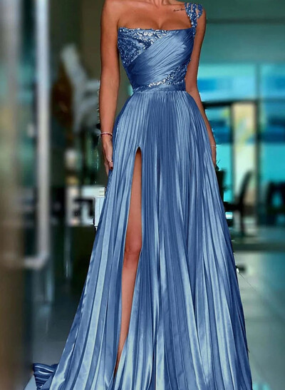 A-Line One-Shoulder Sleeveless Floor-Length Lace/Satin Evening Dresses With Split Front/High Split