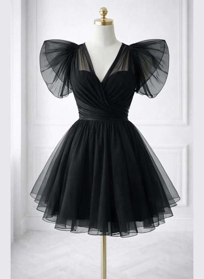A-Line V-Neck Short Sleeves Short/Mini Satin/Tulle Homecoming Dresses With Back Hole