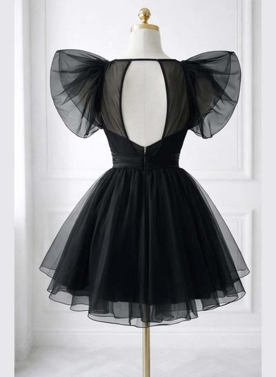 A-Line V-Neck Short Sleeves Short/Mini Satin/Tulle Homecoming Dresses With Back Hole
