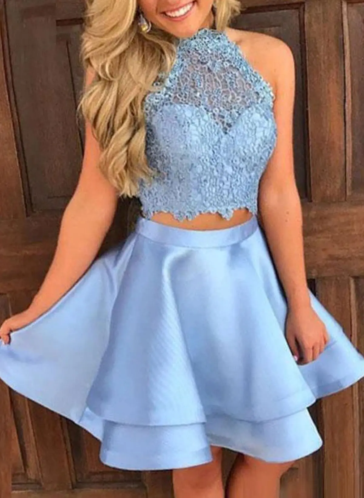 Two Pieces Halter Sleeveless A-Line Mini Lace/Satin Homecoming Dresses With Back Hole #SHD10709 $129