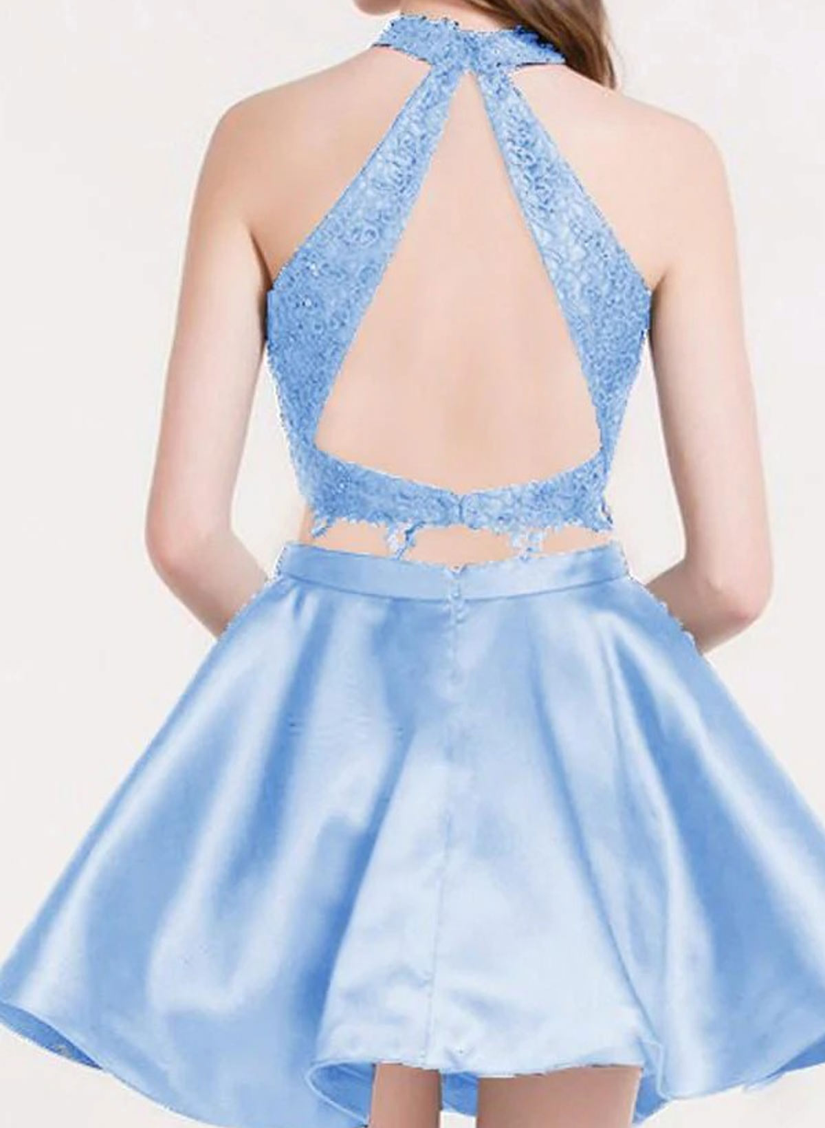 Two Pieces Halter Sleeveless A-Line Mini Lace/Satin Homecoming Dresses With Back Hole