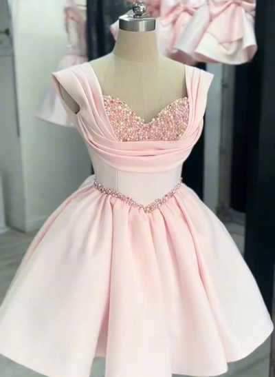 A-Line Sweetheart Cape Sleeves Short/Mini Satin Junior Bridesmaid Dresses With Beading/Sequins