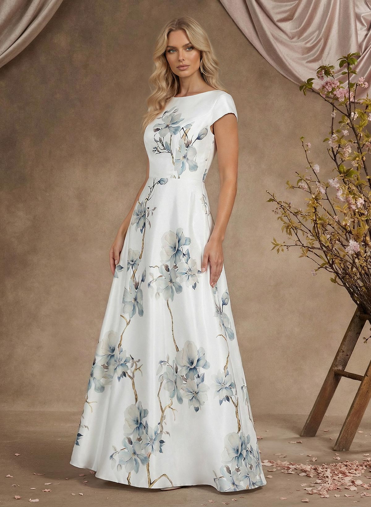 A-Line Scoop Neck Sleeveless Floor-Length Satin Mother Of The Bride Dresses With Floral-Print