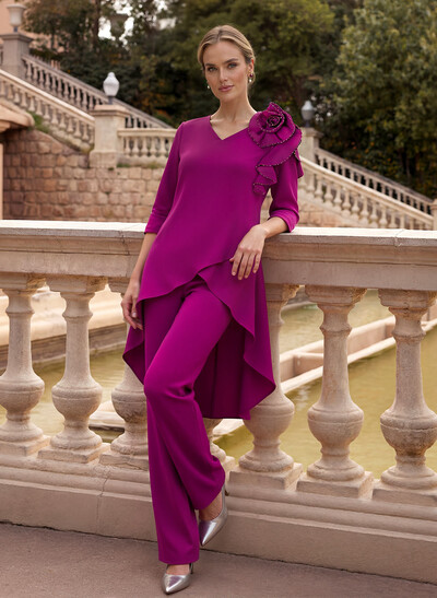 Floor-Length Jumpsuit/Pantsuit /V-Neck 3/4 Sleeves Elastic Satin(Slight Stretch) Mother Of The Bride Dresses