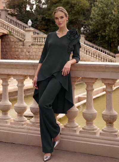 Floor-Length Jumpsuit/Pantsuit /V-Neck 3/4 Sleeves Elastic Satin(Slight Stretch) Mother Of The Bride Dresses