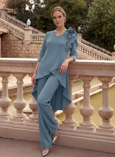 Floor-Length Jumpsuit/Pantsuit /V-Neck 3/4 Sleeves Elastic Satin(Slight Stretch) Mother Of The Bride Dresses