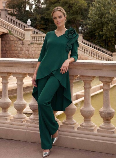 Floor-Length Jumpsuit/Pantsuit /V-Neck 3/4 Sleeves Elastic Satin(Slight Stretch) Mother Of The Bride Dresses