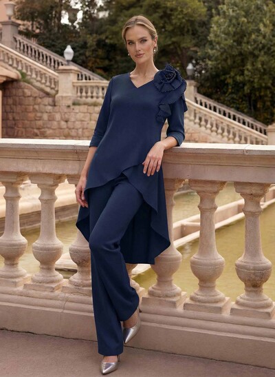 Floor-Length Jumpsuit/Pantsuit /V-Neck 3/4 Sleeves Elastic Satin(Slight Stretch) Mother Of The Bride Dresses