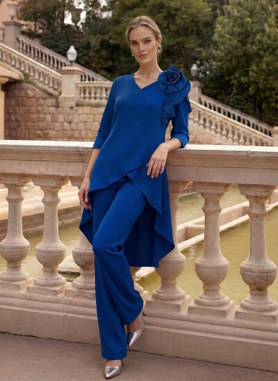 Floor-Length Jumpsuit/Pantsuit /V-Neck 3/4 Sleeves Elastic Satin(Slight Stretch) Mother Of The Bride Dresses
